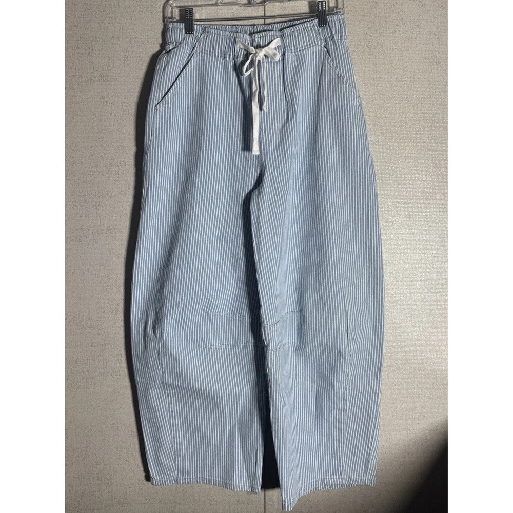 Pinstripe Nautical Cotton Drawstring Beach Coastal Pull On High Rise Barrel Pant